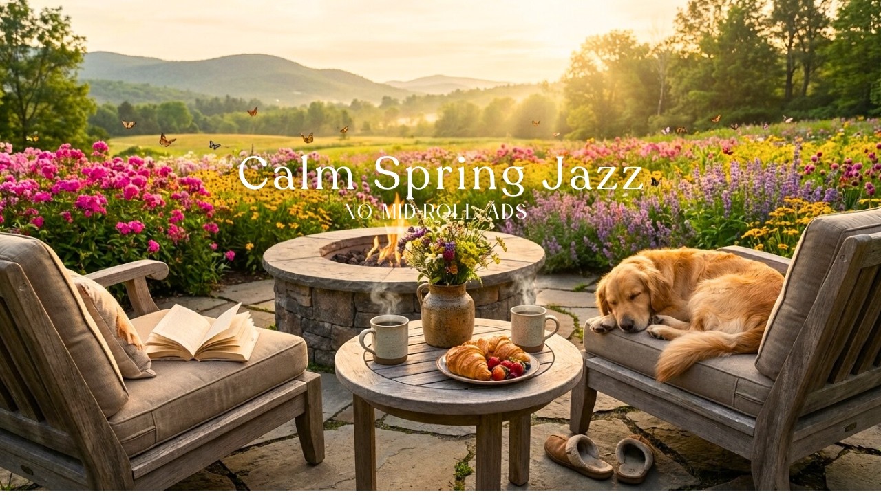 🌼Calm Spring Jazz (NO MID-ROLL ADS) Cozy Fire Pit Ambience for Study & Relax