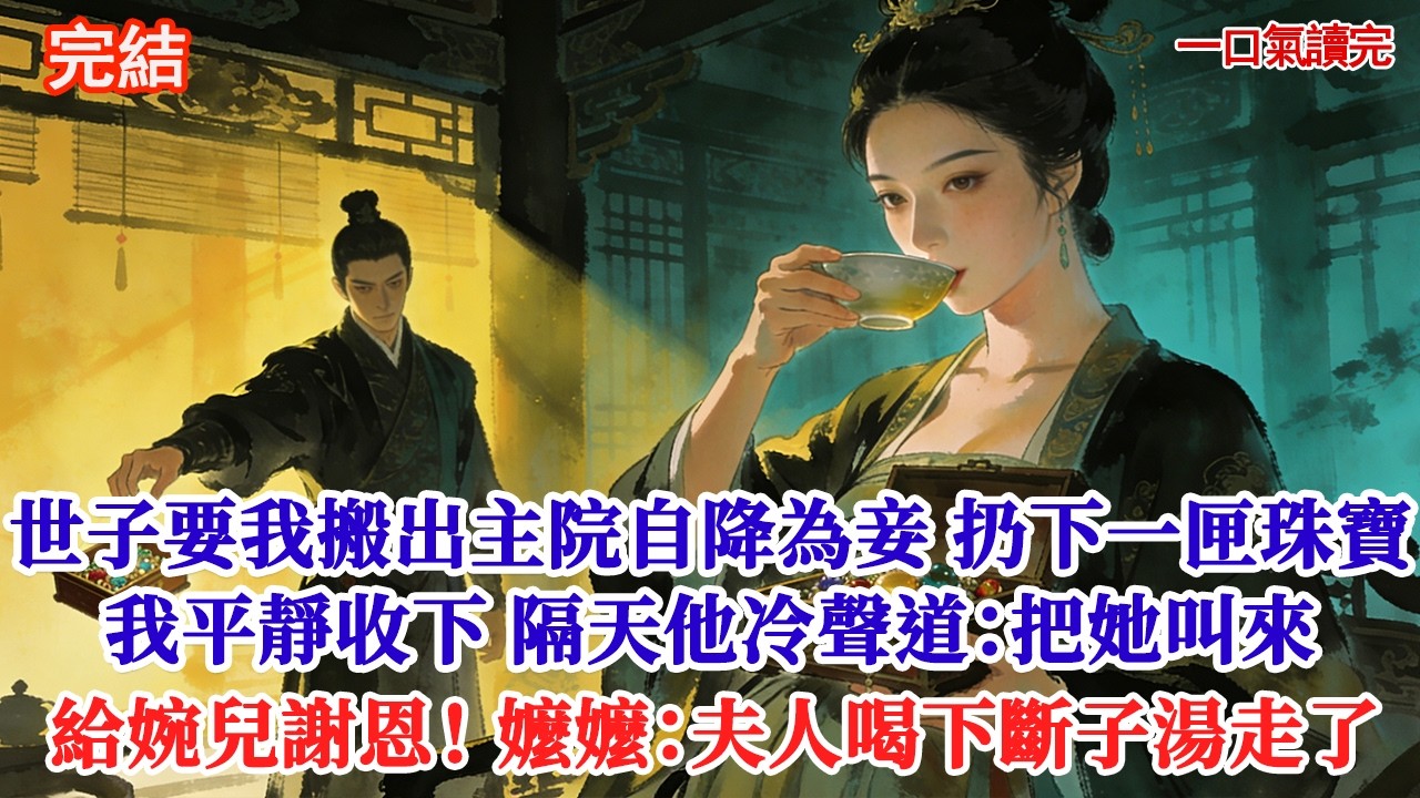 世子為寵白月光，要我搬出主院自降為妾。扔下一匣子珠寶：「這些足夠妳下半生無憂。」隔天他冷聲道：「去把她叫來給婉兒謝恩。」老嬤嬤哭喊：「夫人喝下斷子湯走了！」#追妻火葬場#愛情#小說#古言 #有聲小說
