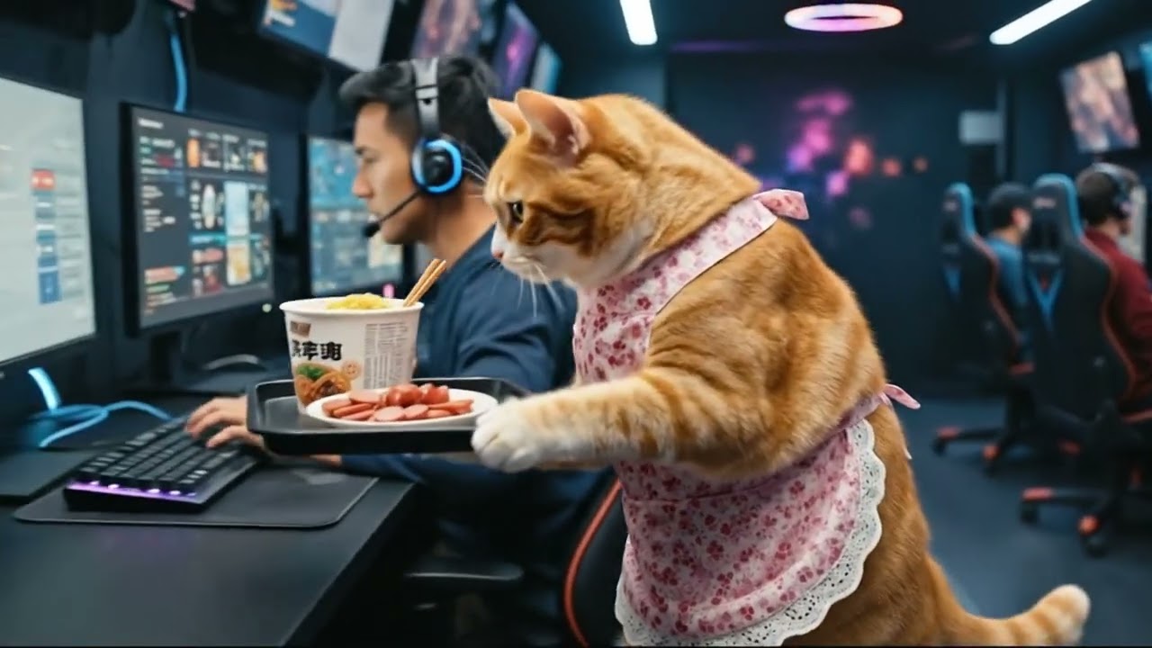 Aww! Mom Cat Goes to Work at Internet Cafe — Super Busy 