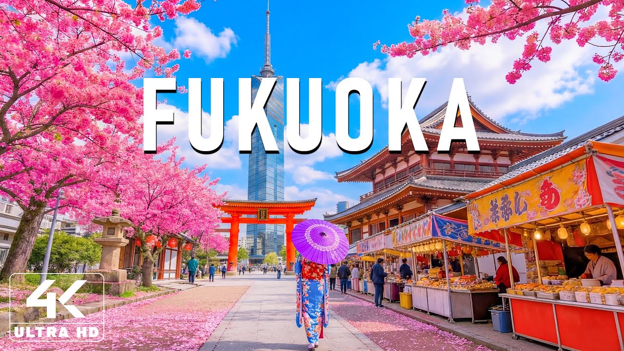 Весна в Фукуоке 4K 🌸 Цветущие вишни, колышущиеся на ветру над укромными святилищами