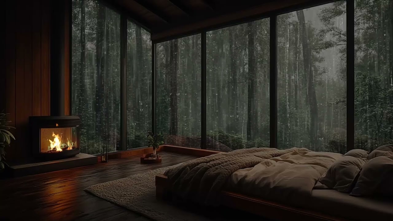 Warm Cabin Ambience in Forest | Rain Sound and Fireplace for Sleep Relax Focus and Study