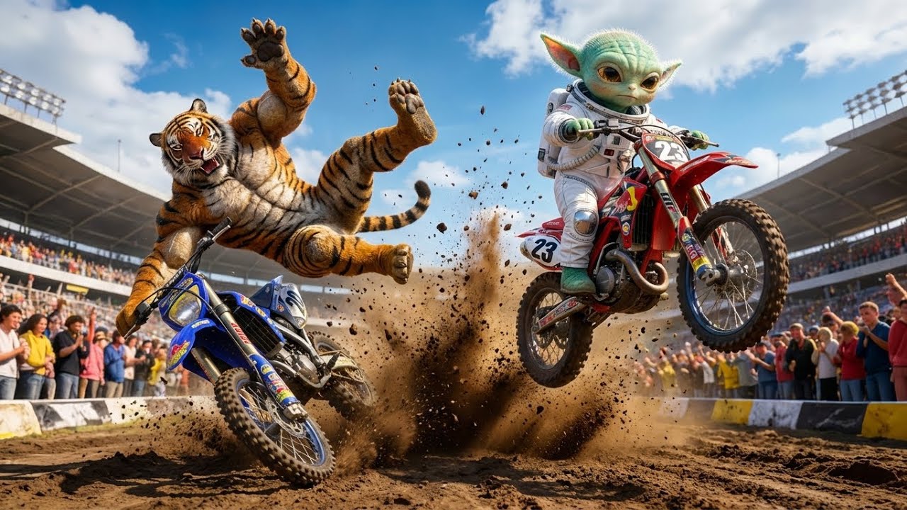 Baby Alien Goes Head to Head With Tiger in Dirt Bike Battle !!