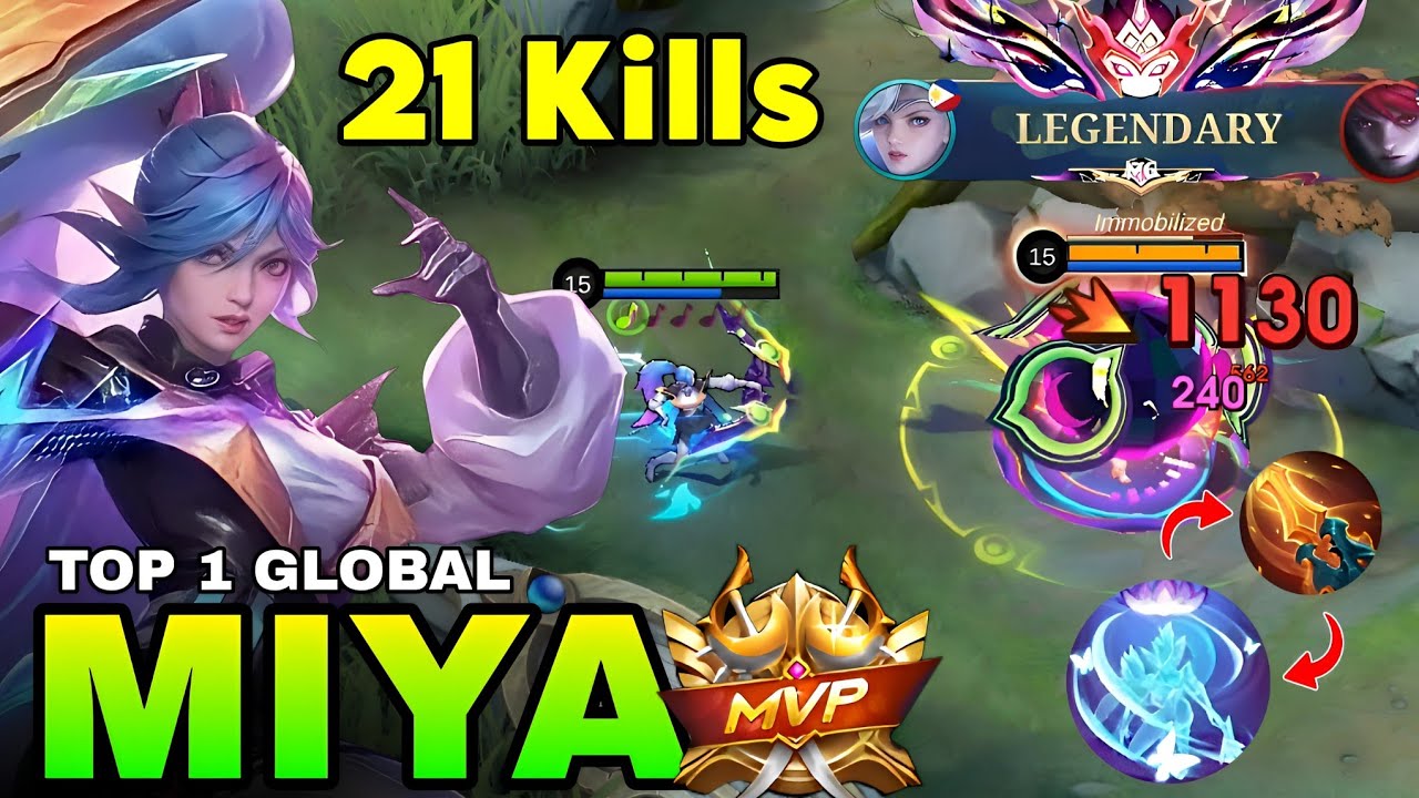 21 KILLS EPIC COMEBACK!! Miya Best Build 1 Hit for Solo Rank - Build Top 1 Miya Gameplay ~ MLBB