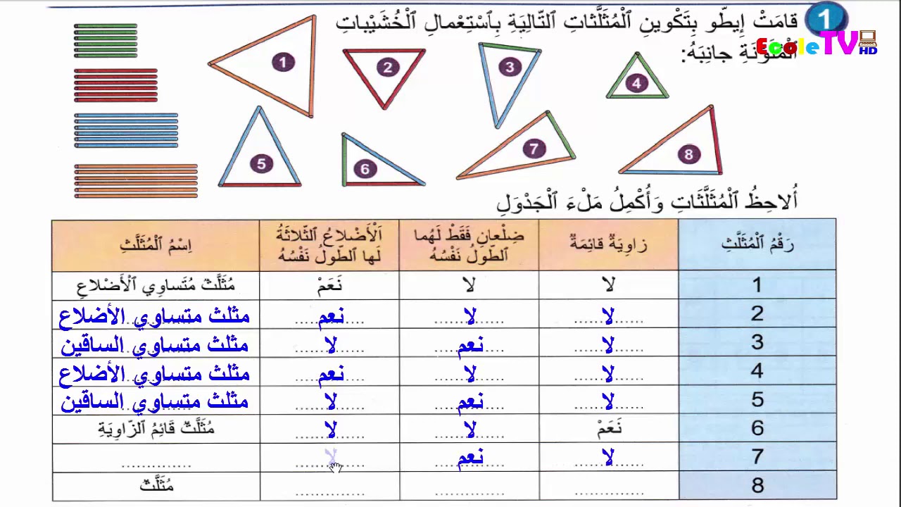 المثلثات تصنيف وإنشاء الثالث ابتدائي