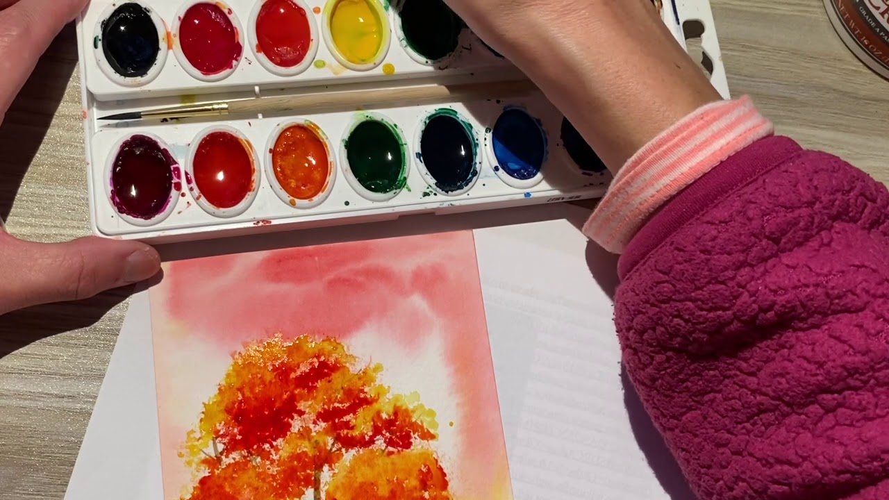 Learn to paint watercolor trees on background cards asmr