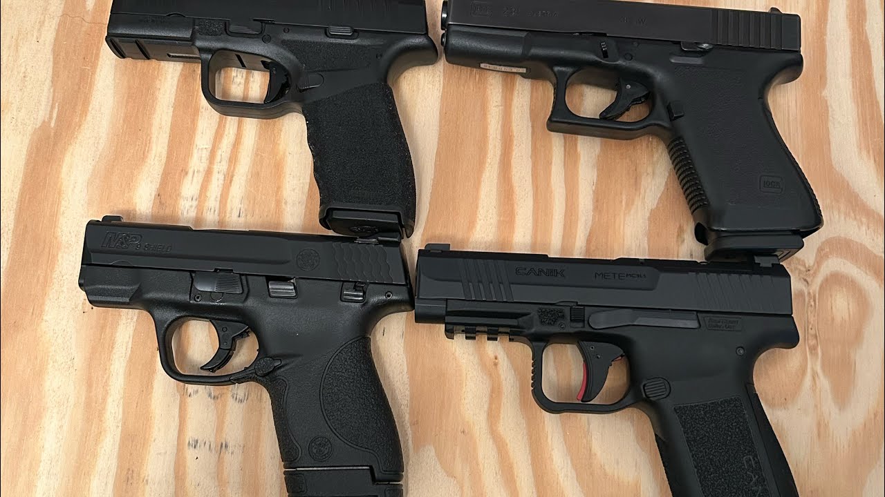 Visual comparison on Glock 23, canik mc9ls, Springfield hellcat pro, and S&W shield 9