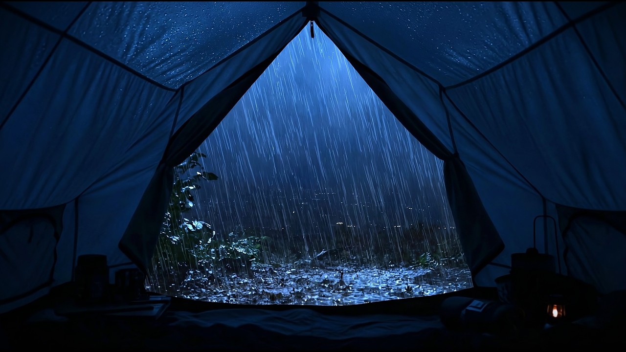 Rain Sounds for Sleep During a Torrential Rainy Night Around a Remote Forest Canvas Shelter 🌧