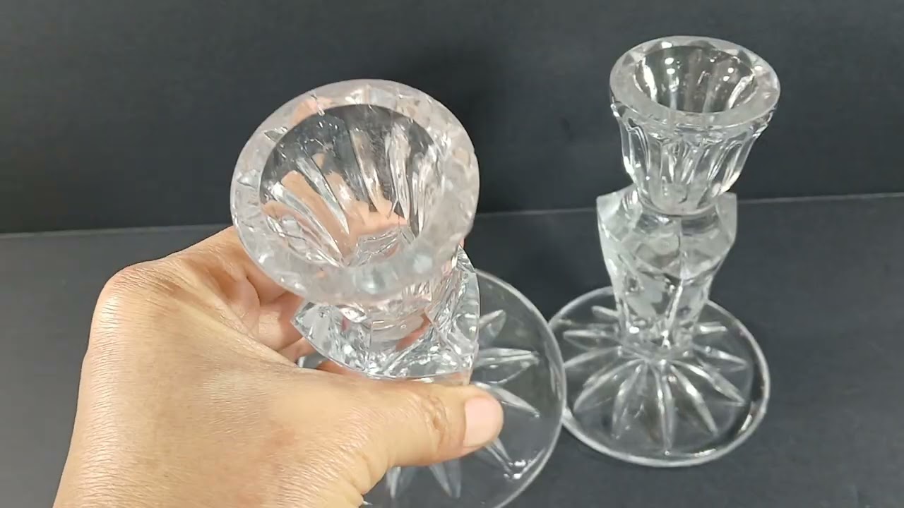 Vintage Cut Glass Lead Crystal Frosted Rose Pattern Candle Stick Holders