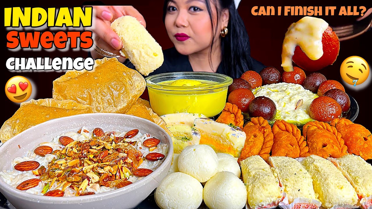 EATING INDIAN SWEETS CHALLENGE | RASGULLA, GULAB JAMUN, SEWAI POORI🍮 | INDIAN SWEETS ASMR | MUKBANG 