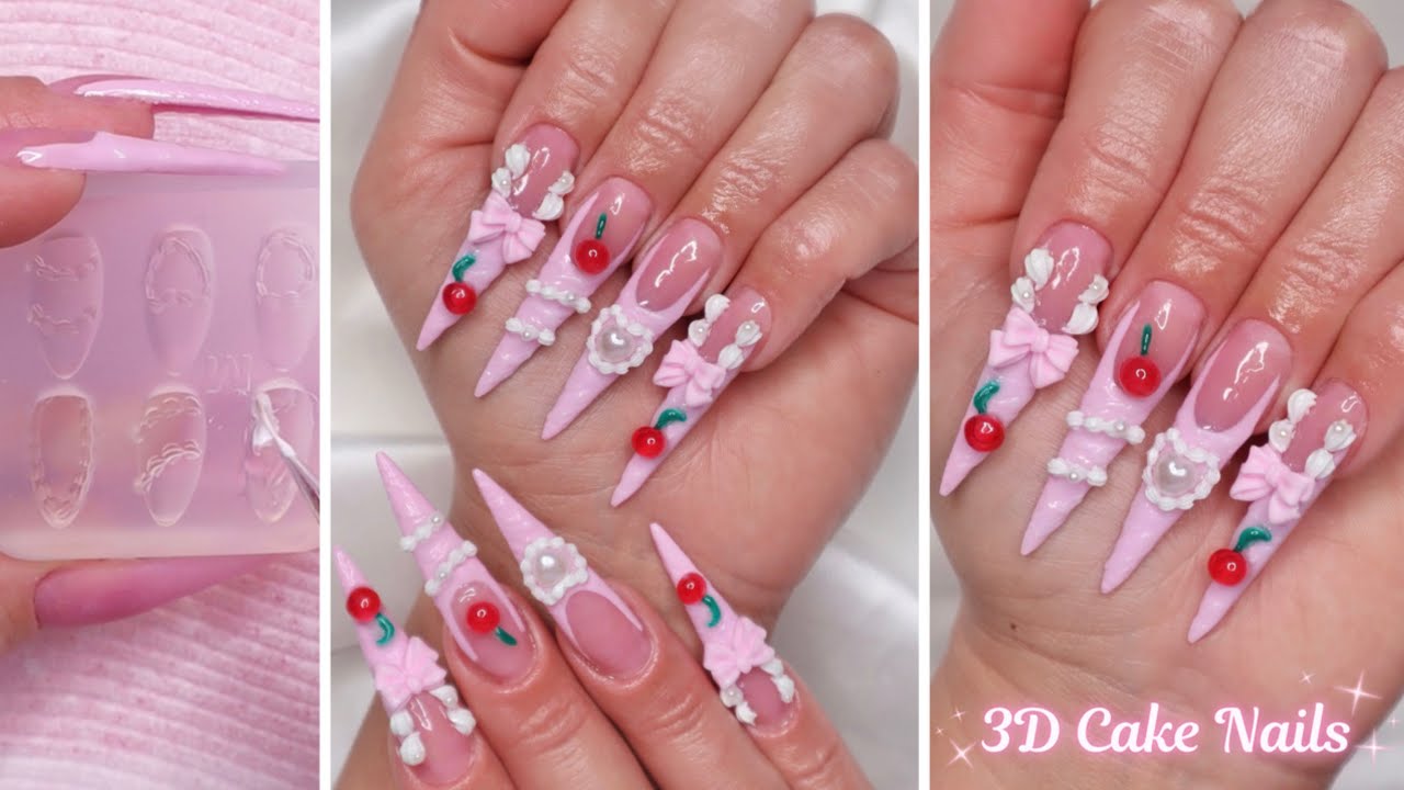 How To: Valentine's Day Cake Nails🍒🍰Using 3D Molds I Acrylic Nails