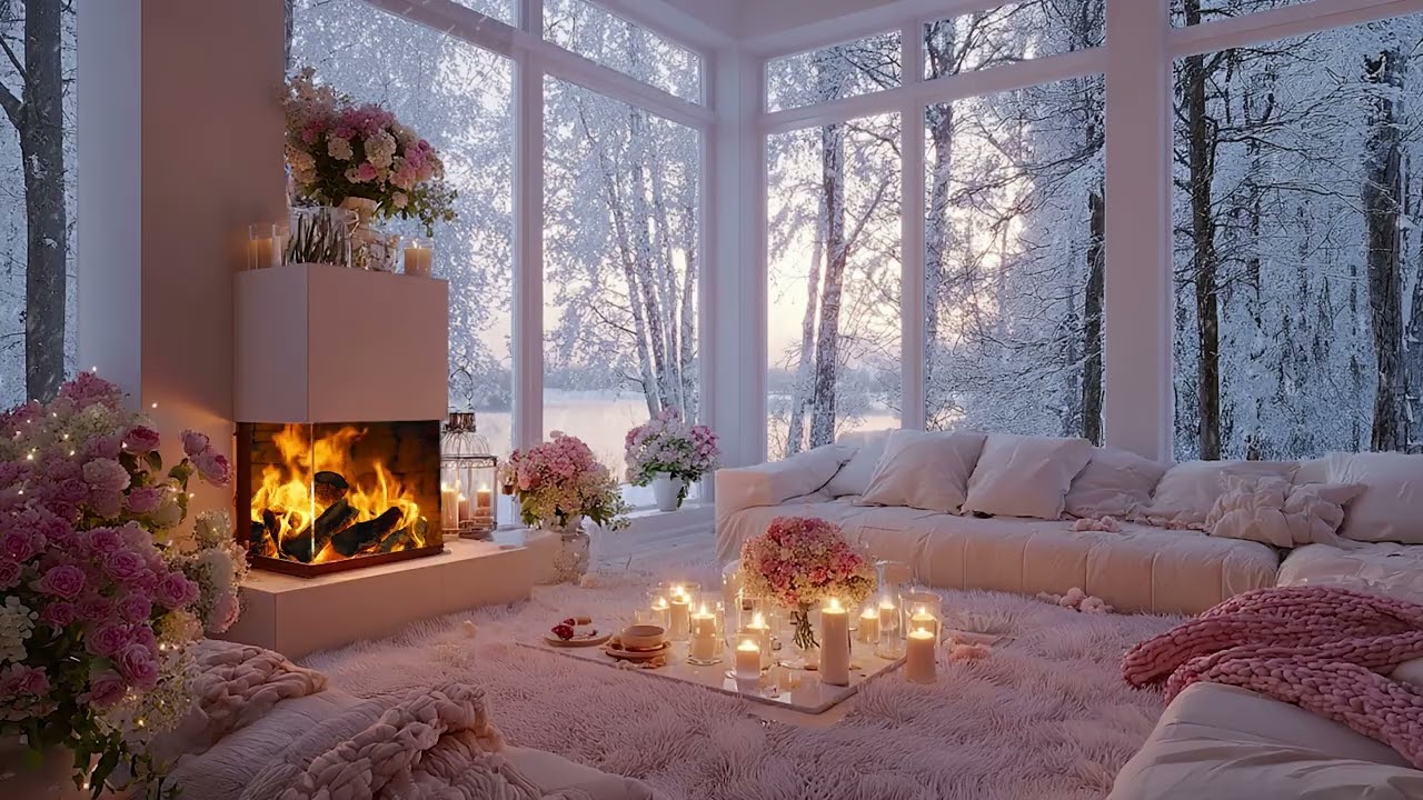 Warm Cozy Romantic Winter Cabin with Snow Wind and Fireplace Sounds for Deep Relaxation