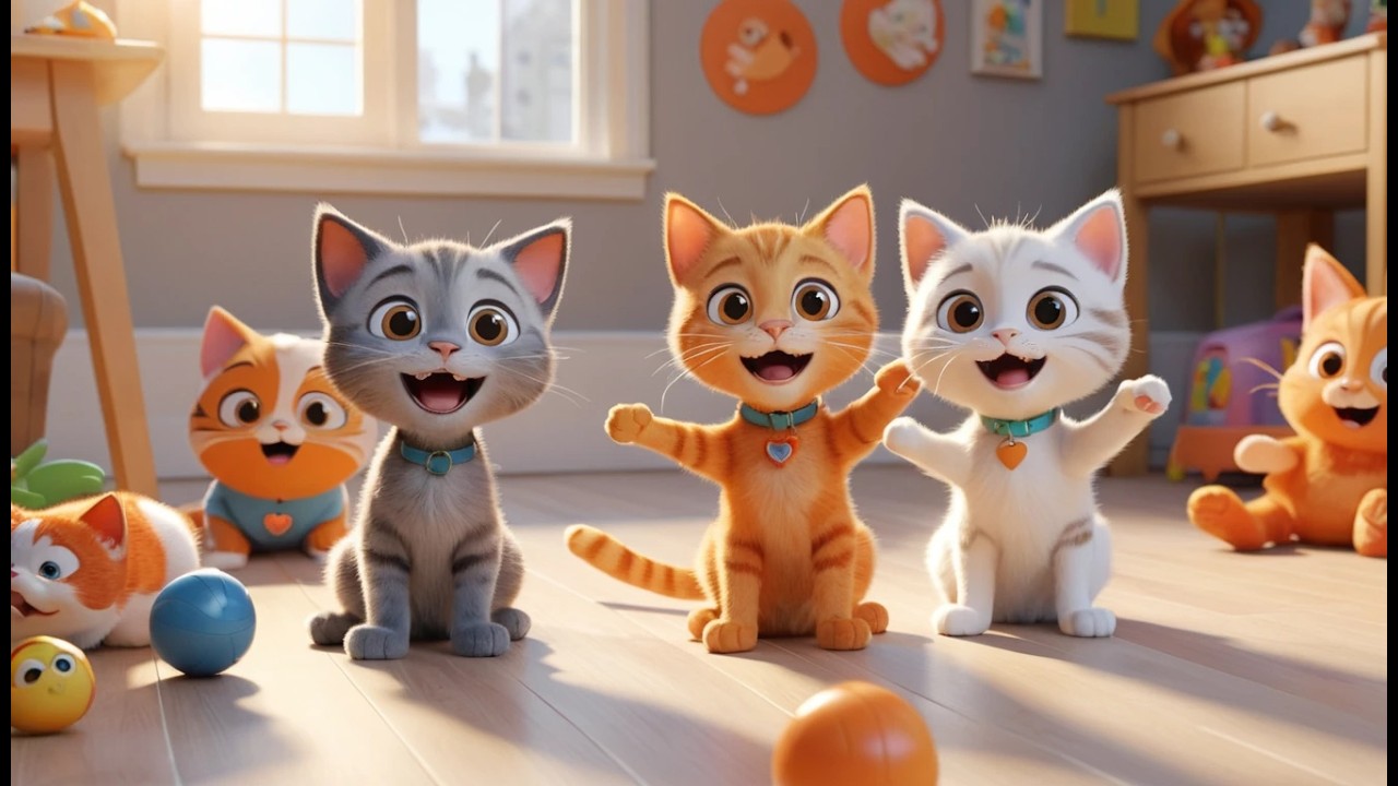 Trois petits chats en peluche font Miaou Miaou | Chanson des Animaux & Comptine pour Enfants