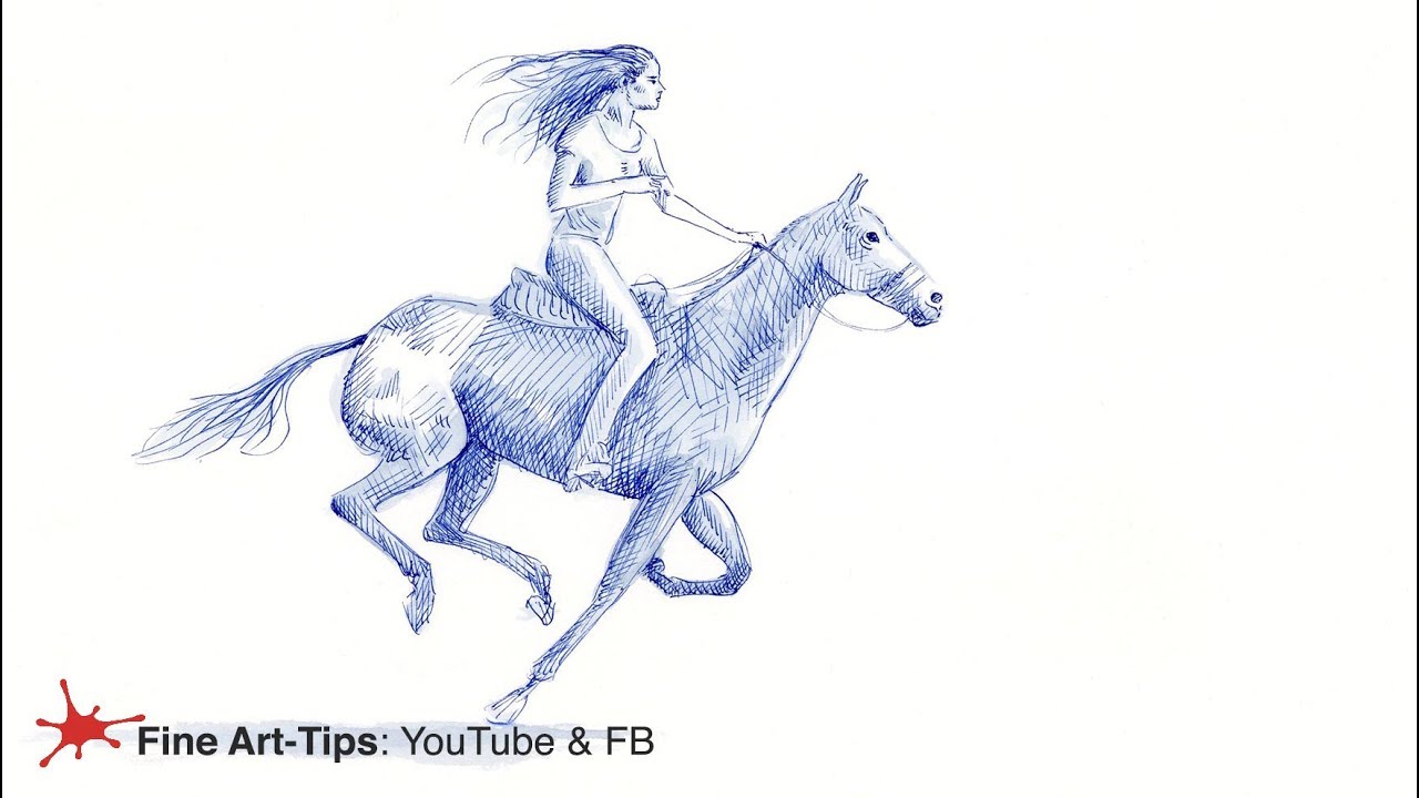 HOW TO DRAW A WOMAN ON A TROTTING HORSE - Pen & Ink