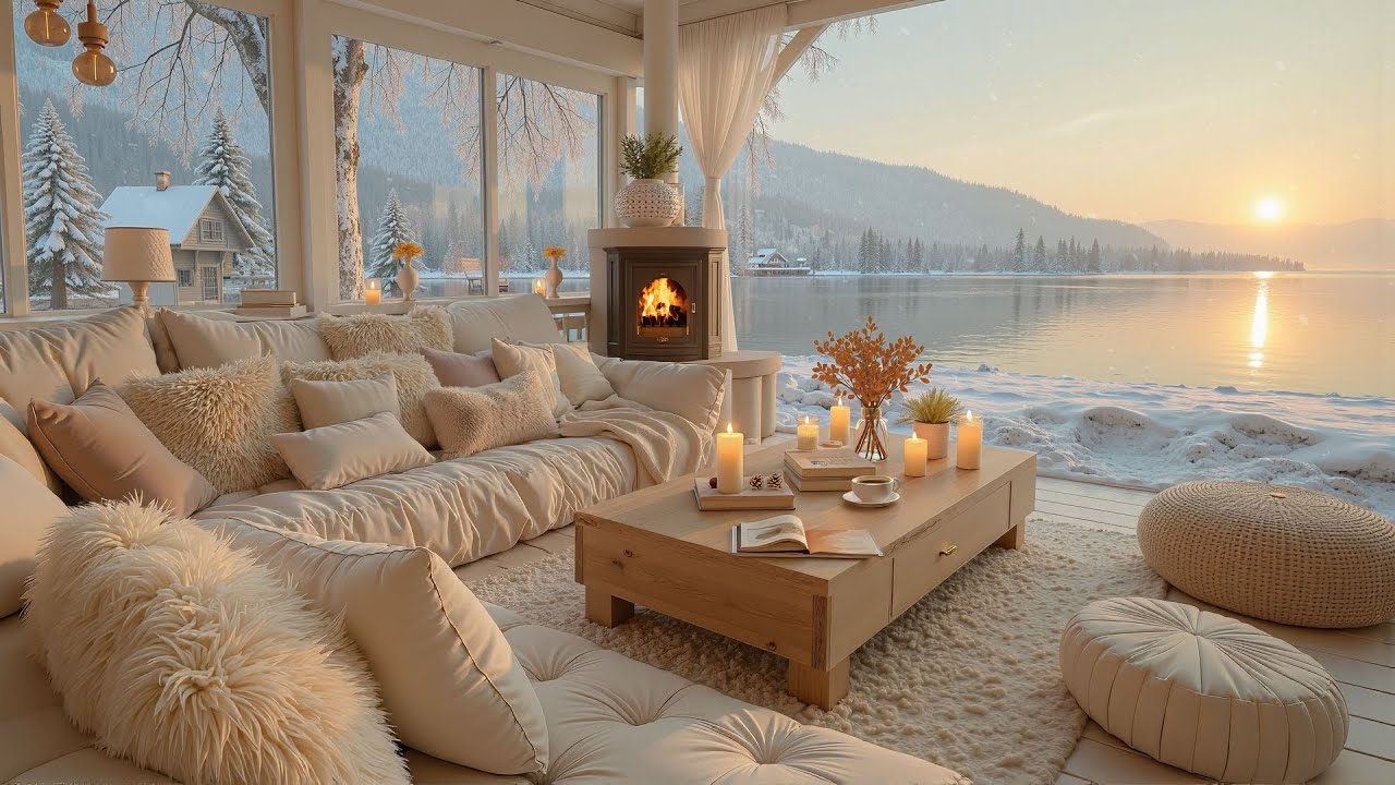 ☕ Calm Winter Coffee Jazz in a Cozy Lakeside Cabin ❄ Fireplace Ambience for Peaceful Mornings
