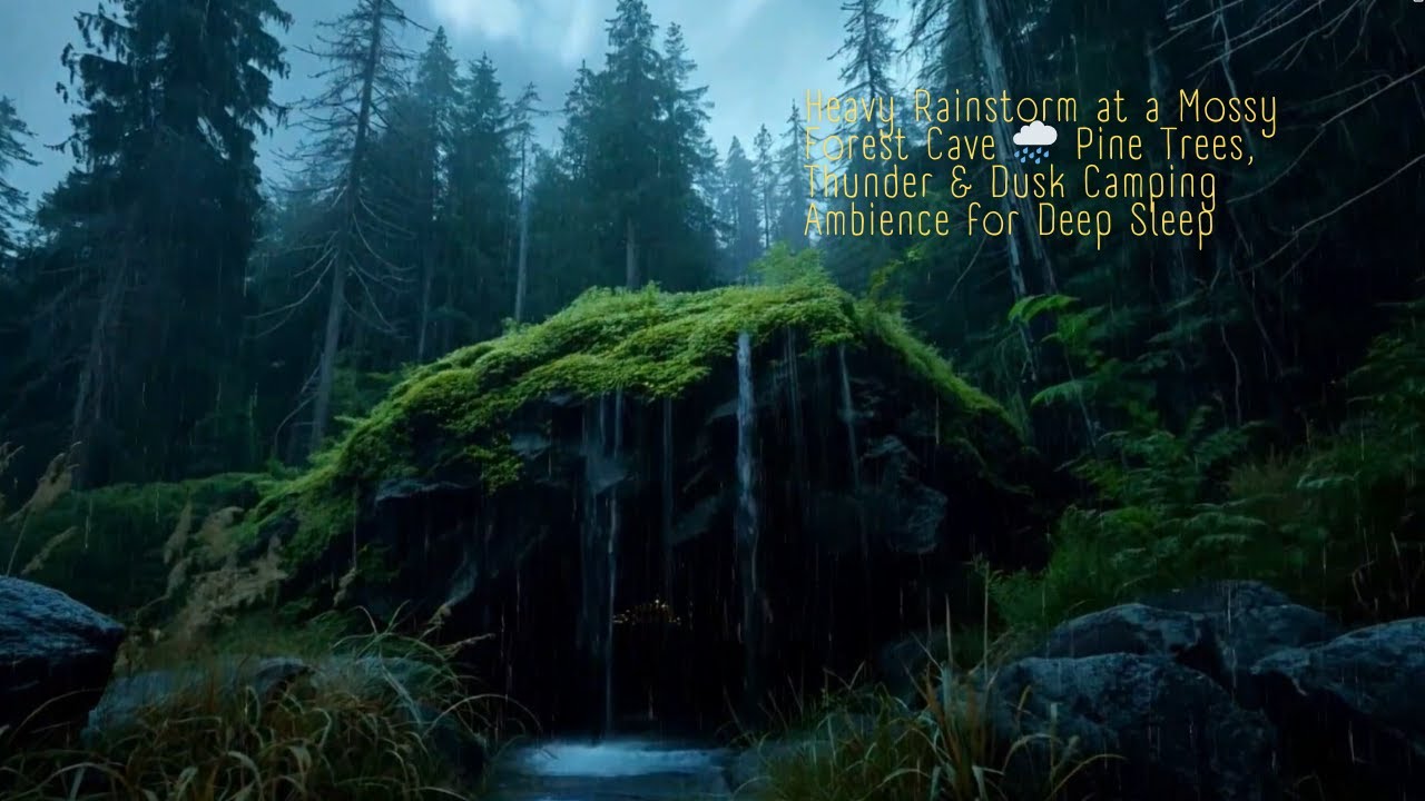 Heavy Rainstorm at a Mossy Forest Cave 🌧️ Pine Trees, Thunder & Dusk Camping Ambience for Deep Sleep