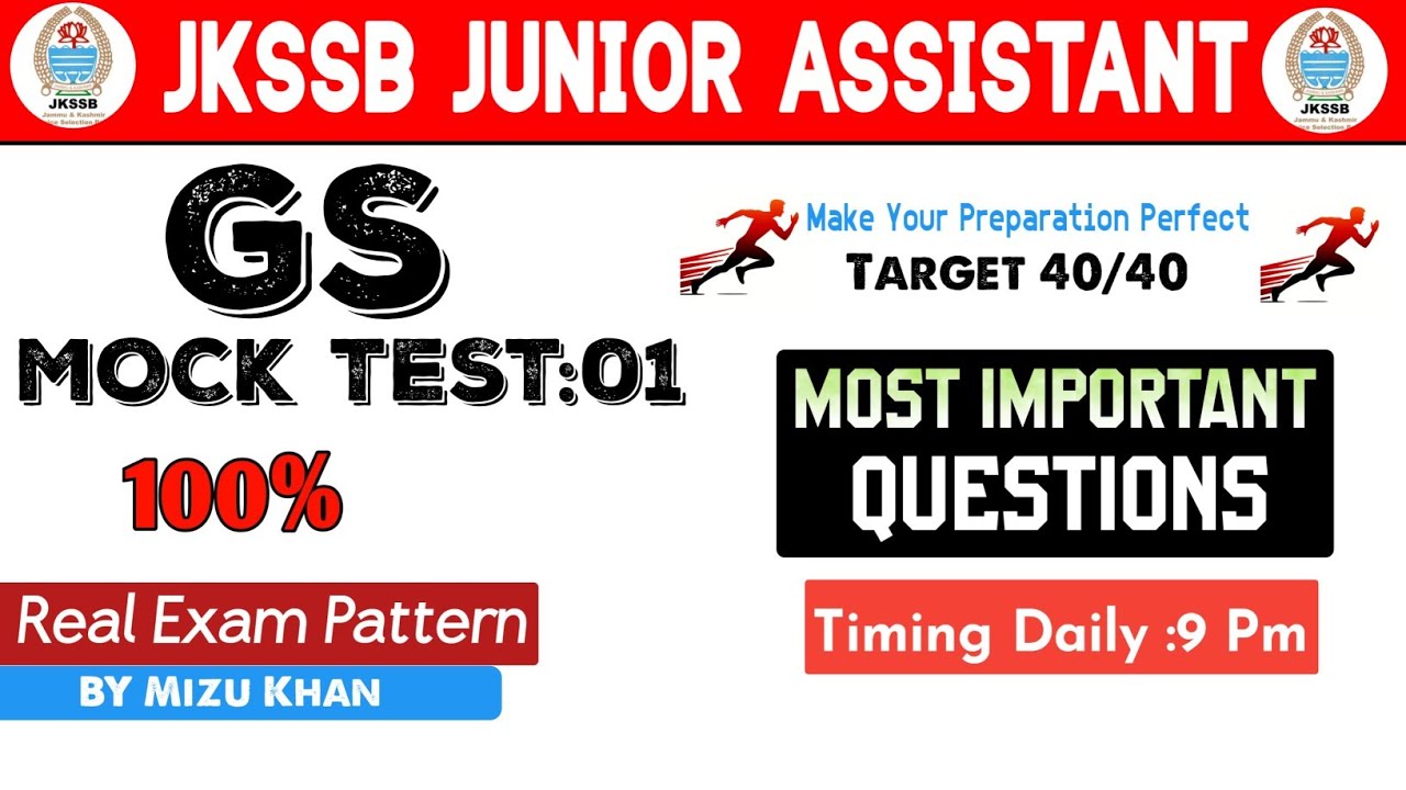JKSSBJUNIOR ASSISTANT ||  GS MOCK TEST 01|| IMPORTANT QUESTION SERIES || BY MIZU KHAN. 