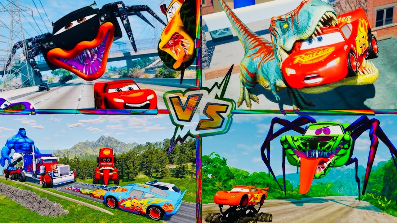 Lightning McQueen vs MONSTER Spider & Dinosaur! 😱 Tiles Hop Challenge | Who Wins?
