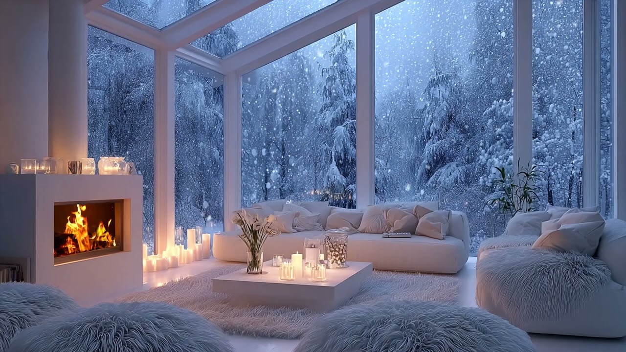 Crackling Fireplace Sounds in a Cozy Room 🔥 Snowfall Outside ❄️ Winter White Noise
