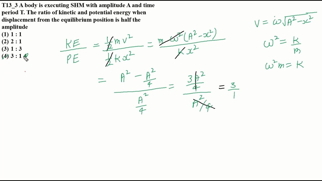 A body is executing SHM with amplitude A and time period T. The ratio of kinetic and PE #neet #jee