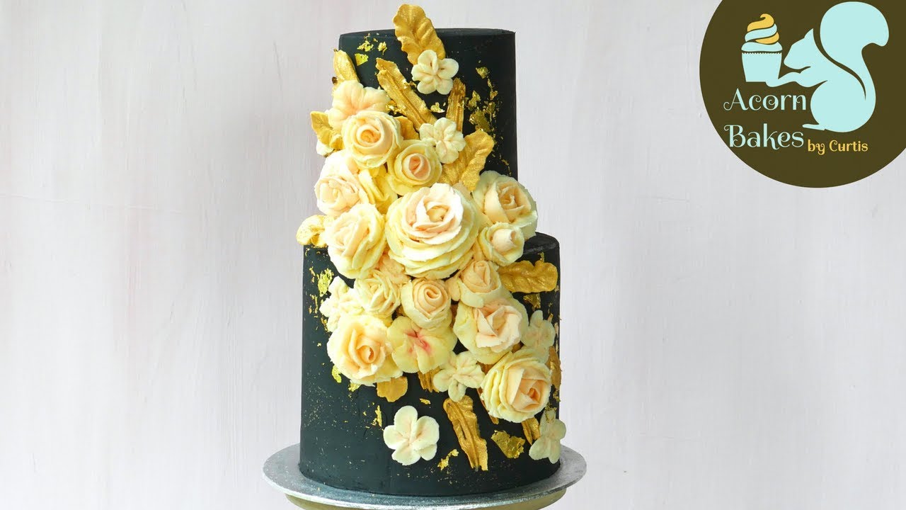 BLACK, GOLD & ROSE BUTTERCREAM FLOWER CAKE | Cake Tutorial |