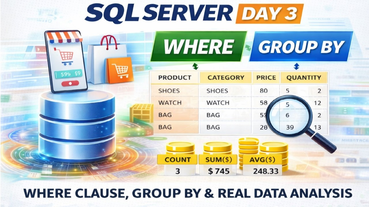 SQL Server Day 3 | WHERE Clause, GROUP BY & Real Data Analysis | SQL for Data Analyst | Scientist
