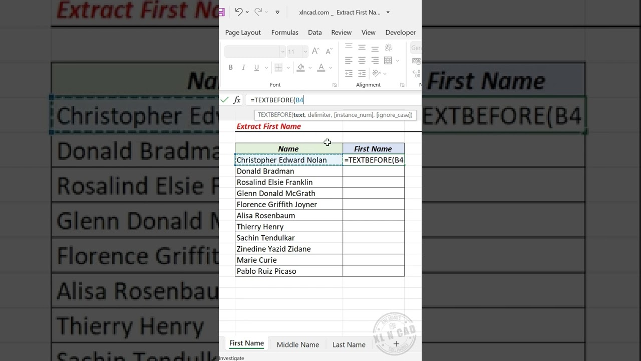 Extract First Name using TEXTBEFORE function in Excel