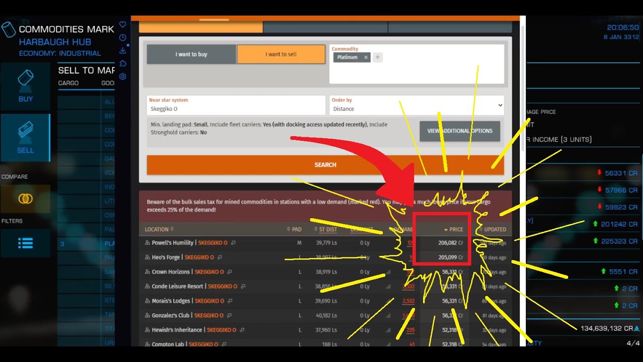 Где продать платину с наибольшей прибылью в Elite: Dangerous?
