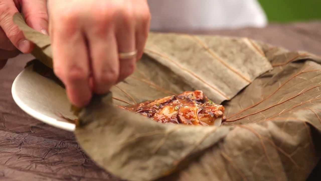 Steamed Fish With Mushroom And Bovril, Wrapped In Lotus Leaf