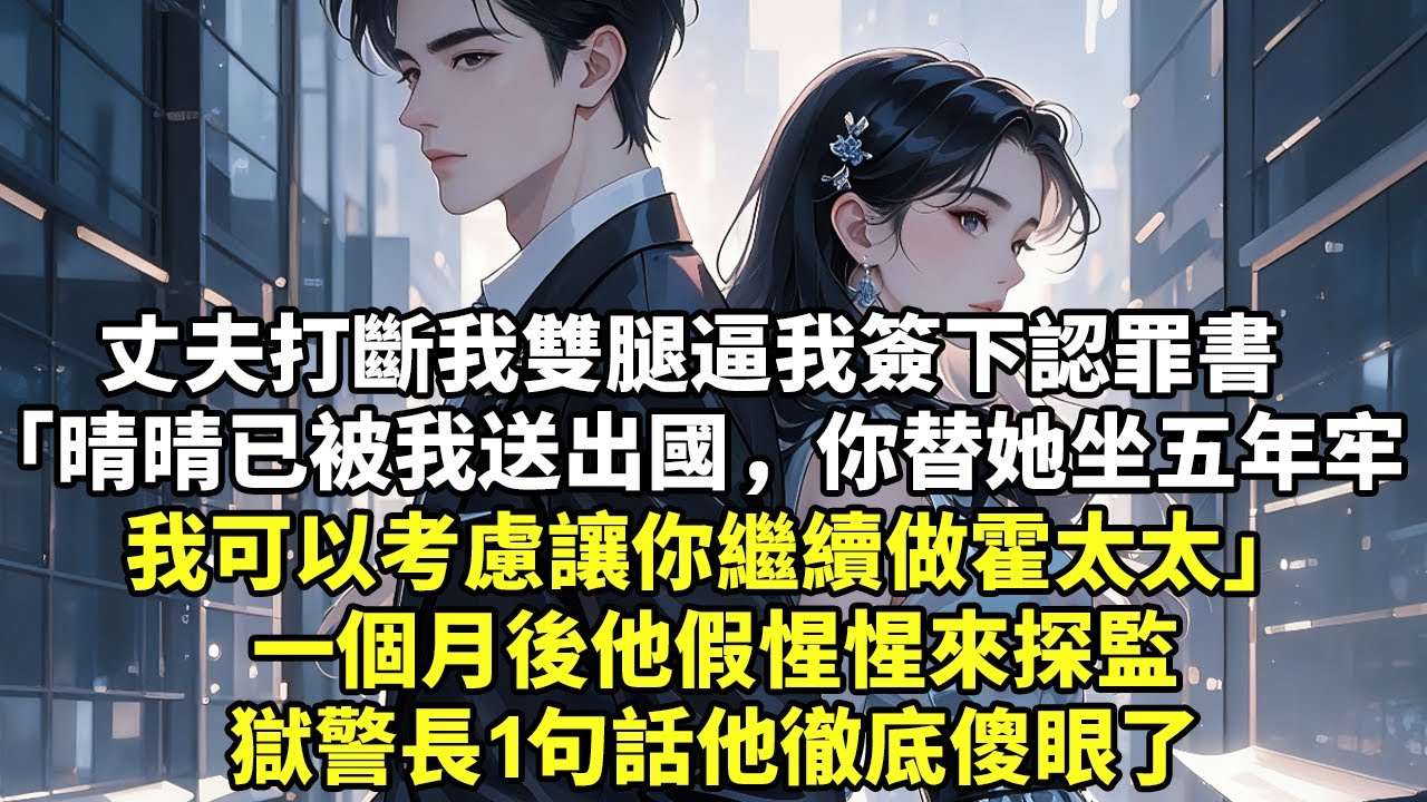 丈夫打斷我雙腿逼我簽下認罪書「晴晴已被我送出國，你替她坐五年牢我可以考慮讓你繼續做霍太太」一個月後他假惺惺來探監獄警長1句話他徹底傻眼了#現實情感#豪門言情#為人處世#小說