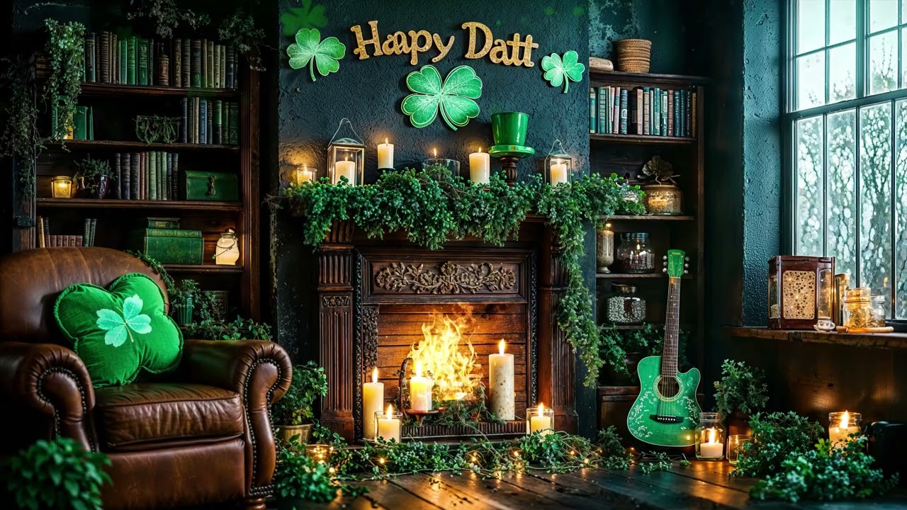 Cozy St. Patrick’s Day Fireplace ☘️ Smooth Jazz & Warm Irish Ambience for Relax, Study & Coffee Time