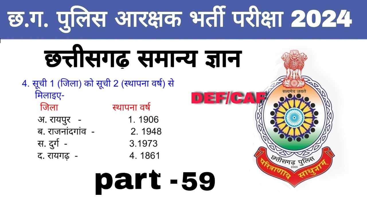 छत्तीसगढ़ सामान्य ज्ञान | CG Police GK Questions | CG GK In Hindi, CG Police bharti 2024 | part - 59
