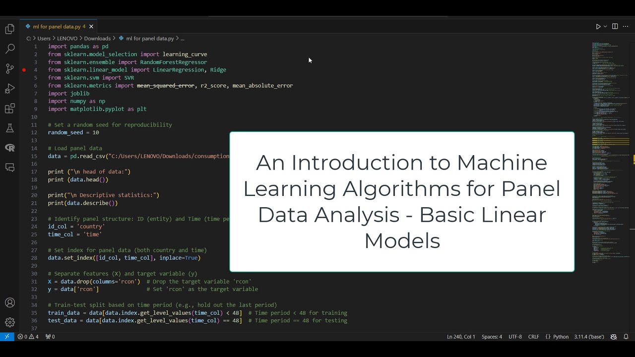 Разработка алгоритма машинного обучения для панельных данных на Python — VS Code