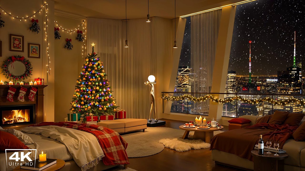 Cozy New York Christmas Apartment 4K 🎄 Soothing Christmas Jazz Music & Crackling Fireplace for Relax