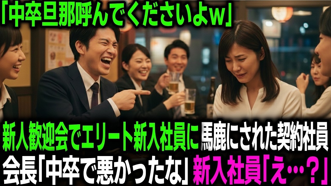 「中卒旦那呼べよw」新人歓迎会でエリート大卒新入社員にバカにされた地味社員。会長「中卒で悪かったな」全員「え…？」