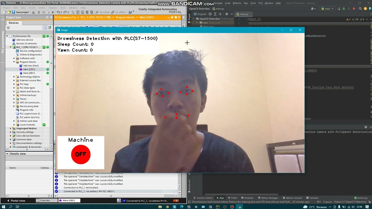 OpenCV PLC Communication - Drowsiness Detection on Machine Operator