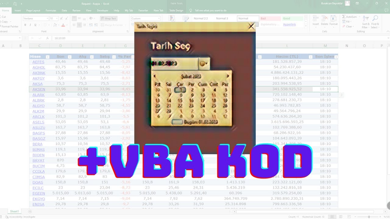 VBA KOD İLE | Excel İçin Tarih Seçici
