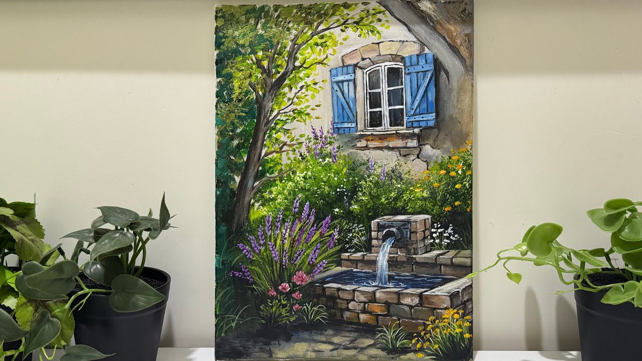 Peaceful Garden with Flowing Water _ Acrylic Painting || Step-by-Step 