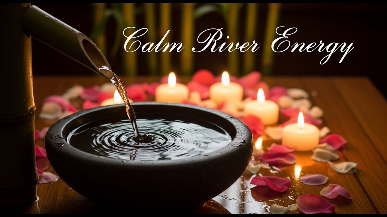 Peaceful Zen River Light Bamboo Fountain and Candle Glow for Relaxation Meditation and Serenity