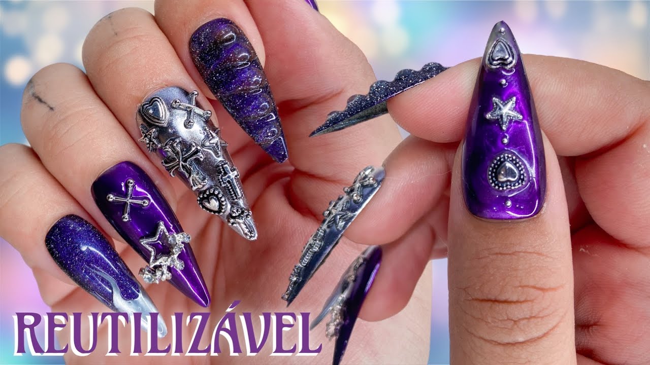 UNHAS POSTIÇAS DECORADAS - NAIL ART ROXA