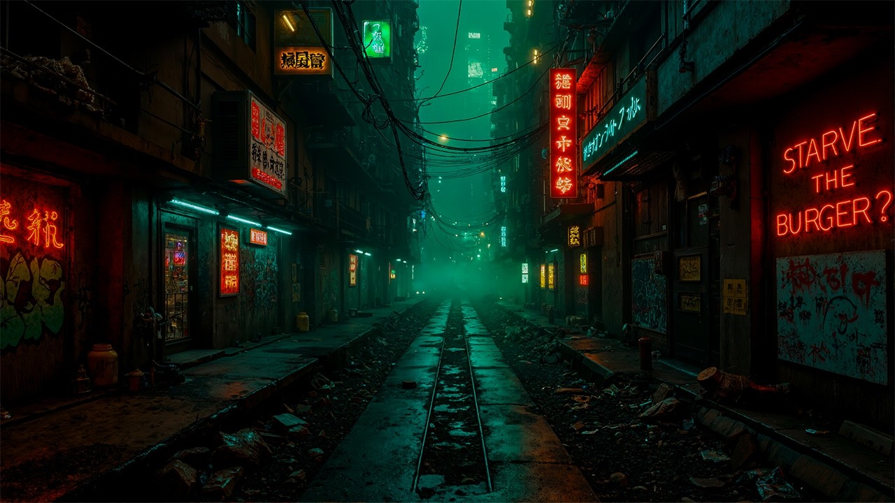 Dark Cyberpunk Alley 🌆 | Neon Signs, Foggy Streets & Gritty Sci-Fi Night Ambience | 4K