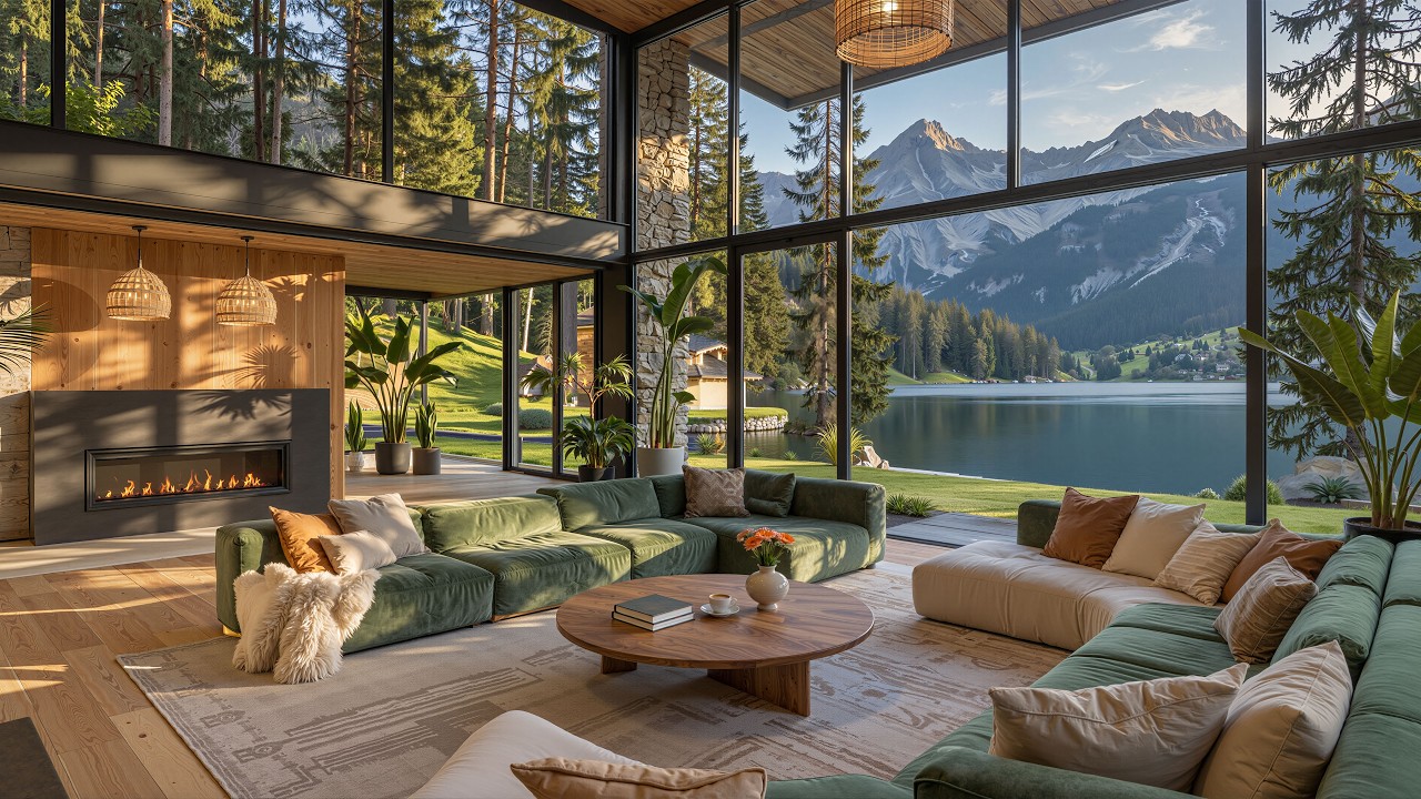 🌿 Peaceful Lakeside Villa in the Forest | Tranquil Fireplace Jazz Ambience