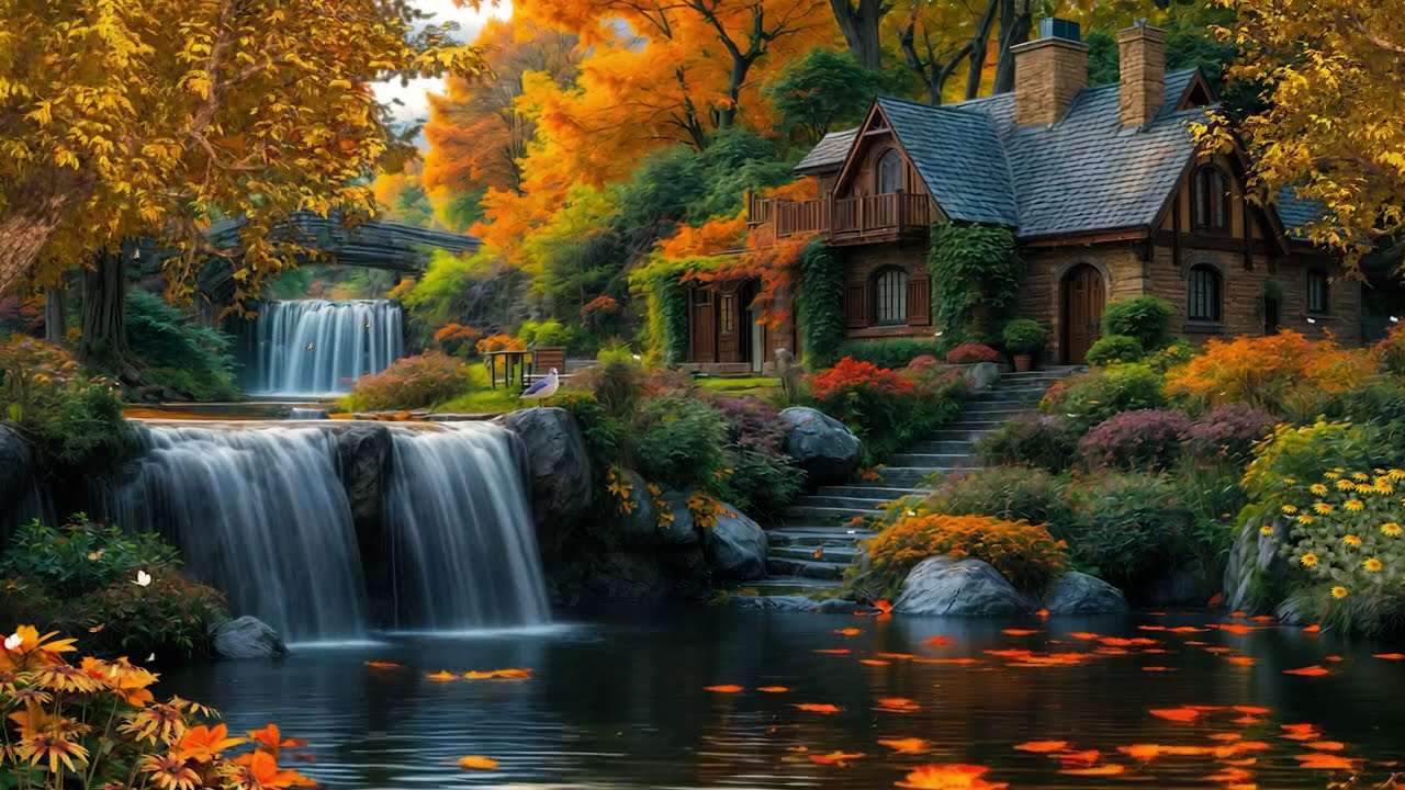 ✨ Autumn Waterfall Serenity &ndash; Cozy Cottage by the River | Peaceful Nature Ambience
