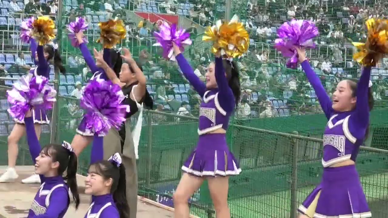 🟣同志社応援席2【同志社大學應援團】⚾️野球応援⚾️2025秋 対立命1回戦　チアの華やかさとリーダーの力強さが混在しています。