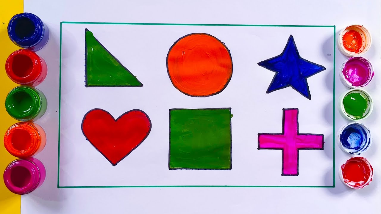learn 2d shapes, colors for kids, circle triangle star heart square plus