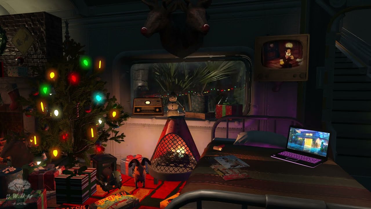Fallout Christmas Ambience 🎄 Cozy Vault Bunker • Crackling Fire • Rain & Thunder • Retro Cartoons