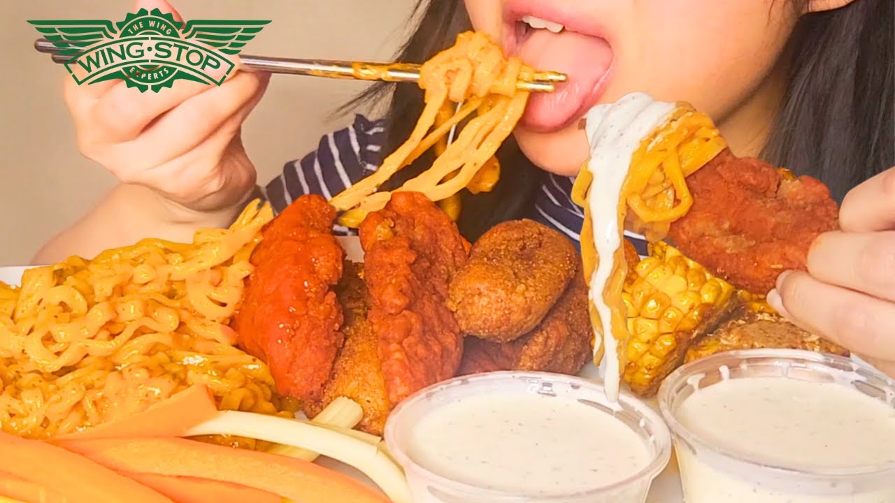 Trying Wingstop Hot Honey | Hot Original | Buldak Noodles | Cajun Corn | No Talking | ASMR