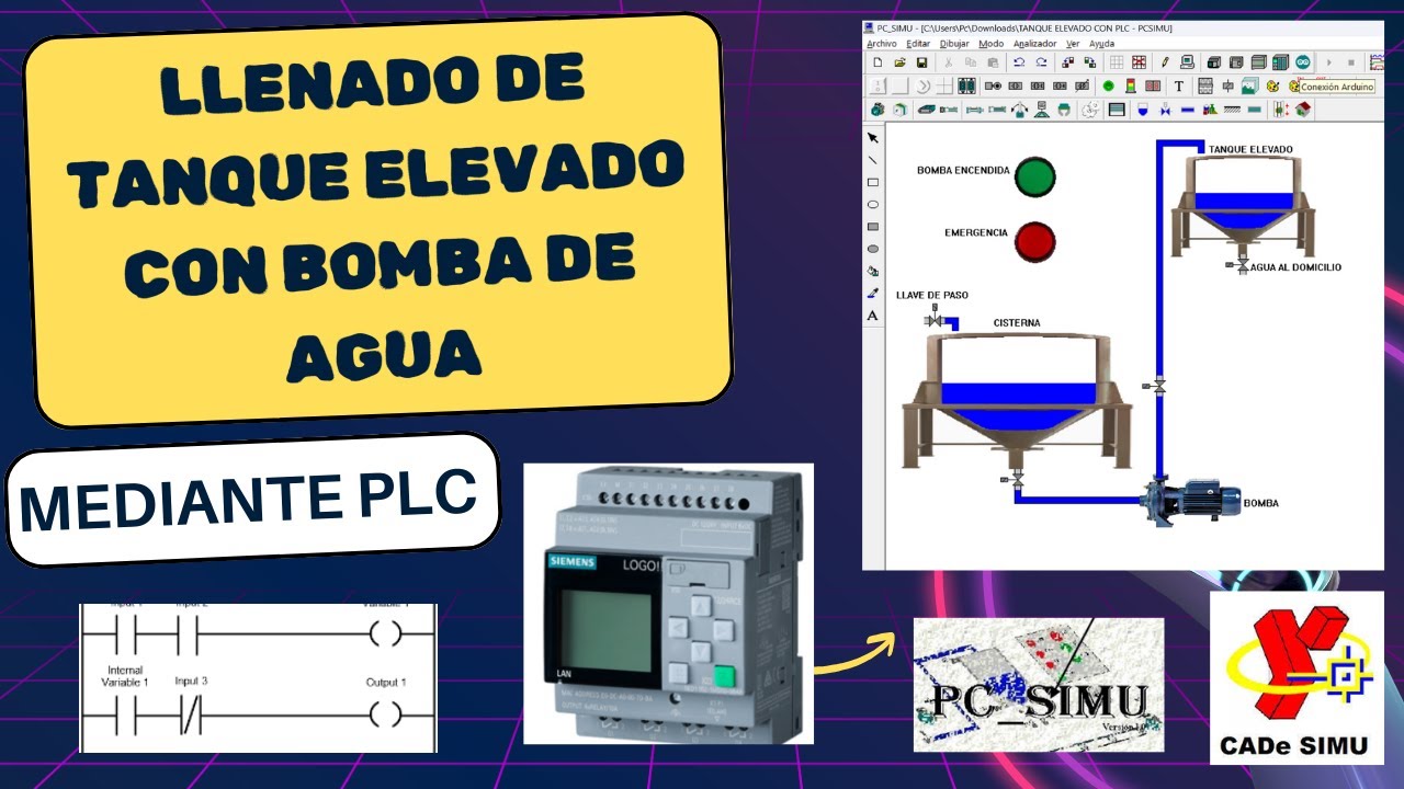Llenado de tanque elevado con bomba de agua mediante PLC - Programación Ladder - Cadesimu.