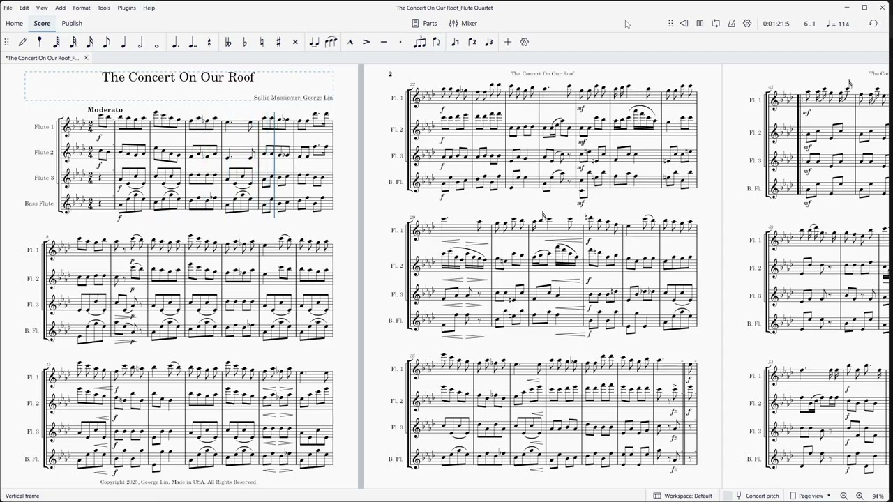 The Concert On Our Roof (Sallie Massie).  Sheet music arranged for flute quartet.