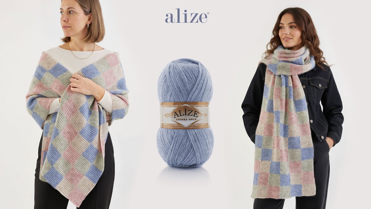 Сезонная шаль тунисским узором с пряжей Alize Angora Gold