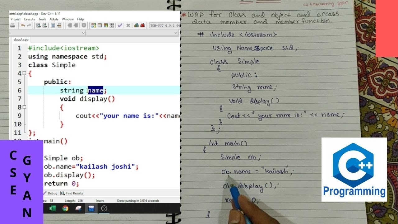 Program for Classes and Object | Access data member and Member function C++ Programming Language -54